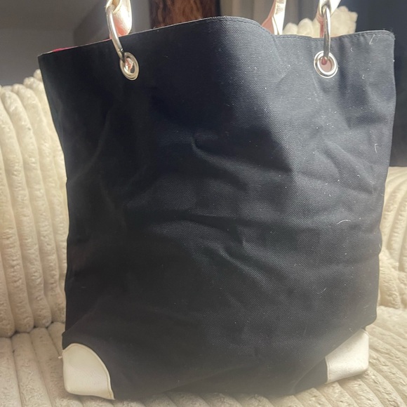 Lancome Black Tote with White Trim and Floral Lining - Picture 4 of 10